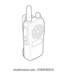 Technical line art drawing featuring an isometric two way radio tactical transceiver. This unbranded portable uhf vhf handheld intercom is optimized for military police patrol communication manuals, security guard coordinate infographics, and push talk battery mockups.