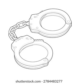 Technical line art drawing featuring isometric heavy duty steel handcuffs. This unbranded police chain restraint is optimized for law enforcement suspect arrest interrogation manuals, criminal justice felony guilty infographics, and tactical officer gear mockups.