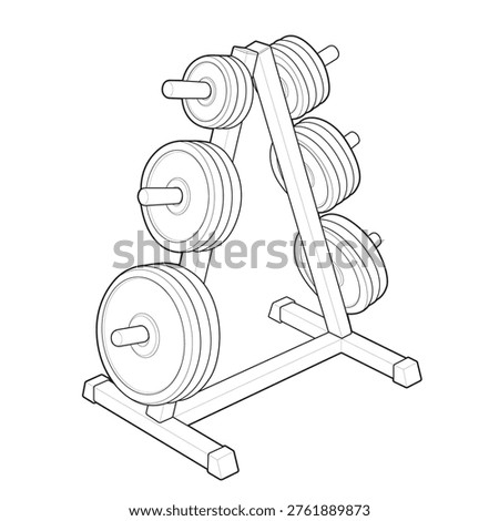Technical line art drawing featuring an isometric loaded triangular weight plate tree This commercial fitness storage equipment illustration details the full capacity angled frame holding pegs and stacked weights optimized for gym facility floor plans and organization diagrams