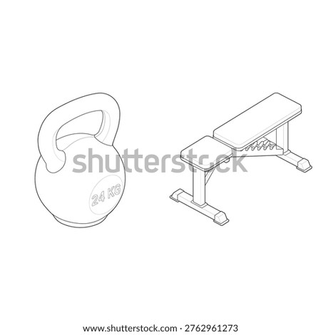 Technical line art drawing featuring an isometric home gym equipment bundle This functional fitness setup details a heavy 24kg kettlebell alongside an adjustable FID utility bench with ladder catch mechanism optimized for strength training manuals and workout apps