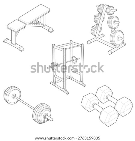 Technical line art drawing featuring an isometric commercial freeweight zone bundle This strength training facility layout details a power rack FID utility bench loaded deadlift barbell plate tree and hex dumbbells optimized for gym floor plans and interior diagrams
