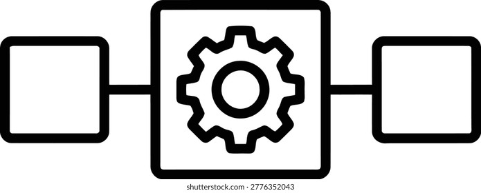 Technical line art icon showcasing a central gear mechanism connected to external nodes for system integration and automation