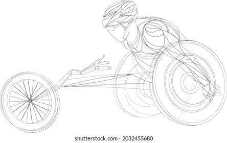 Technical line art illustration of a Paralympic athlete in motion, riding a racing wheelchair. The sketch emphasizes aerodynamic posture, adaptive sports equipment