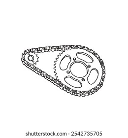 Linha técnica arte motocicleta cadeia e engrenagem. Bicicleta de tração. Corrente com volantes, transmissão de bicicleta e ilustração vetorial de rodas de engrenagens. Parte de transporte para movimento.