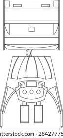 Technical line art vector illustration of a control console, industrial machinery interface, or simulator station shown in orthographic top and elevation views, featuring push buttons