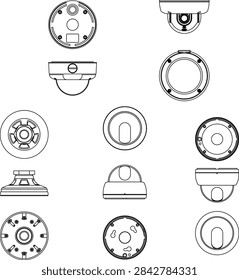 Technical line art vector illustration of a collection of security cameras, dome surveillance cameras, or CCTV equipment shown in multiple orthographic projection views (top, bottom, side, and front)