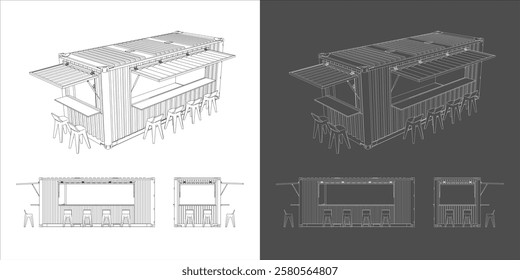 Technical Line Drawing of a 20ft Shipping Container Cafe Design Blueprint Vector Illustration