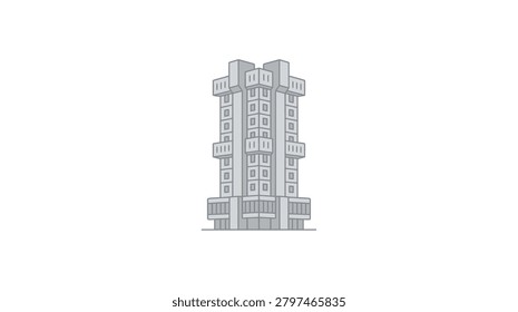 A technical line drawing of a contemporary skyscraper featuring a symmetrical vertical design with repeating window patterns and structural balconies