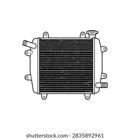A technical line drawing of a vehicle cooling radiator with inlet and outlet pipes and a filler cap shown in a flat vector style.