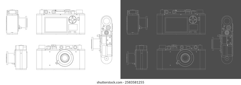 Technical Line Drawing of a Vintage Digital Camera in Multiple Views with Blueprint Style