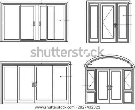 Technical line drawings showing various types of architectural door and window configurations with structural details.