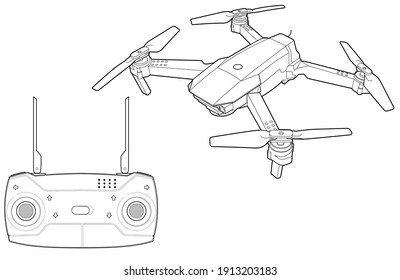 Technical line illustration of a drone with remote control.