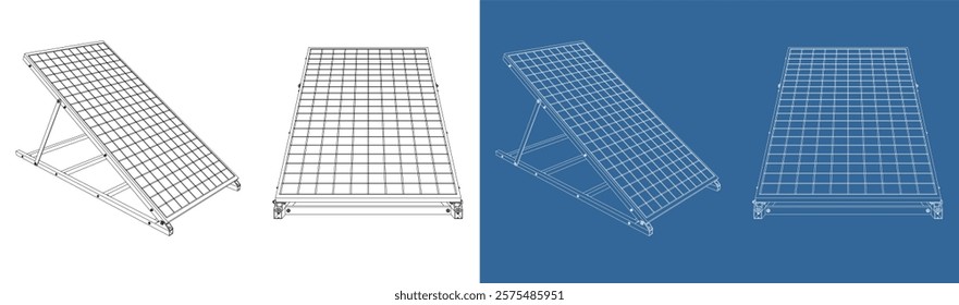 Technical Line Illustration of Solar Panel Array and Mounting Structure, Isolated Blueprint Style