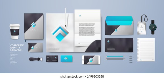 Technical logo corporate branding identity premium design with shiny metal elements on blue glass background. Stationery mockup vector template for Industrial, IT or finance company.