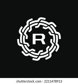 technischer Logo-Buchstabe R. Logo-Emblem Kreis gerade, fest und starr. geeignet für Ingenieurberufe und verwandte Bereiche