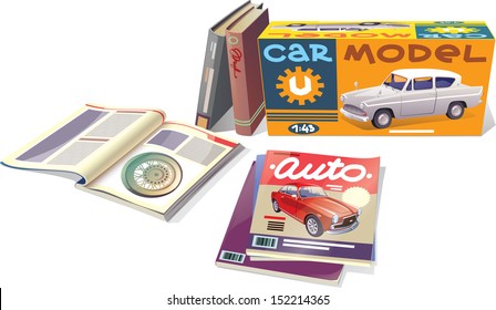 The technical magazines, the professional books and the car model are placed on a white background. This is the editable vector EPS which has a version v10.0. Enjoy! 