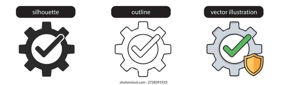 Conjunto de ícones da engrenagem de manutenção técnica com marca de verificação e escudo de proteção para a garantia da qualidade do sistema