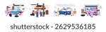 Technical maintenance station set. Repairmen repair cars in garage, painting automobiles, auto electricians do diagnosis, fix breakdowns in tire service. Flat isolated vector illustrations on white