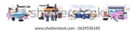 Technical maintenance station set. Repairmen repair cars in garage, painting automobiles, auto electricians do diagnosis, fix breakdowns in tire service. Flat isolated vector illustrations on white