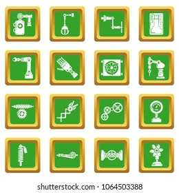 Technical mechanisms icons set vector green square isolated on white background 