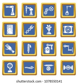 Technical mechanisms icons set vector blue square isolated on white background 