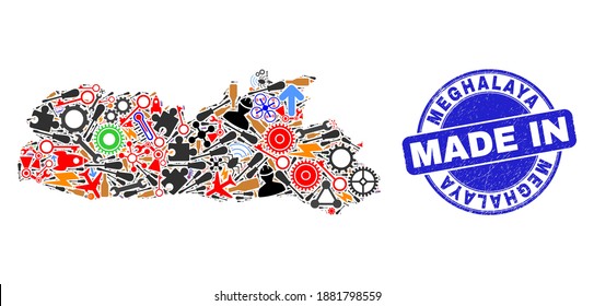 Technical Meghalaya State map mosaic and MADE IN textured stamp seal. Meghalaya State map mosaic created with spanners, gearwheels, tools,components,cars,electricity strikes,details.