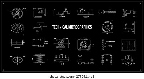 Technical Micrographics Engineering Blueprint Set. Black and white engineering blueprint layout with mechanical diagrams, circuit schematics, flowcharts and industrial micrographic schemes. Vector