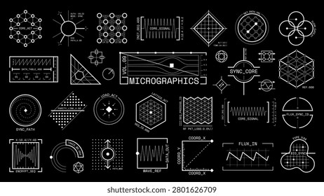 Technical micrographics vector set with geometric lattice diagrams and schematic symbols
