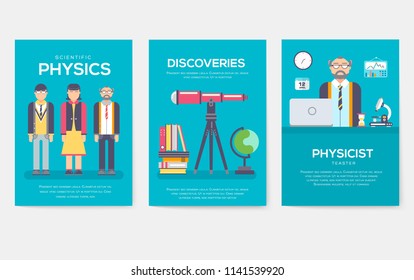 Technical minds brochure cards set. physics and mathematic template of flyear, magazine, poster, book cover, banners. workshop equipment invitation concept background. Layout illustrations