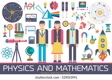 Technical minds collection of icon set. Vector flat physics and mathematics equipment and workshop items concept design