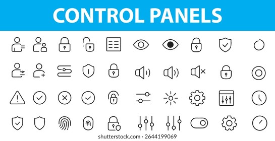 A technical and minimal set of 50 control panel vector line icons. Includes dashboard, gear, toggle switch, circuit, monitor, sliders, control knobs, power button, touch screen, terminal, settings