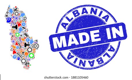 Technical mosaic Albania map and MADE IN textured stamp seal. Albania map collage designed with spanners, gearwheels,screwdrivers,items,transports, electric sparks,details.