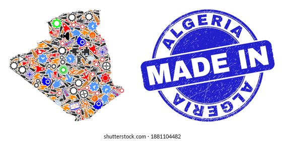 Technical mosaic Algeria map and MADE IN grunge stamp seal. Algeria map collage composed with spanners,wheels,screwdrivers,components,transports,power sparks,bugs.