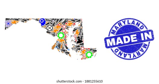 Technical mosaic Maryland State map and MADE IN grunge stamp seal. Maryland State map composition created with wrenches,wheel, tools,elements,vehicles,electricity bolts,bugs.