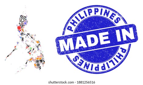 Technical mosaic Philippines map and MADE IN textured rubber stamp. Philippines map mosaic created with wrenches,wheel,instruments,elements,vehicles,power sparks,rockets.