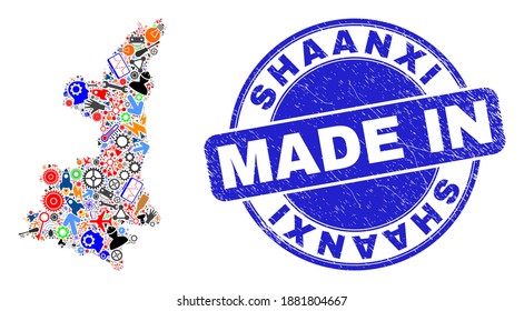 Technical mosaic Shaanxi Province map and MADE IN scratched seal. Shaanxi Province map mosaic designed with wrenches,wheels,instruments,items,cars,power bolts,details.