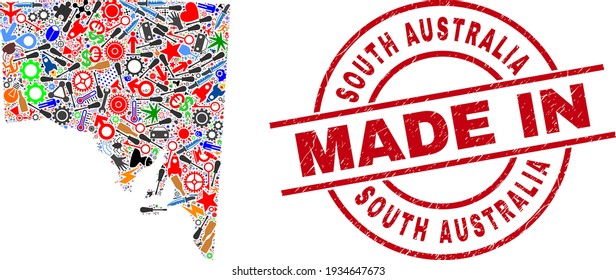 Technical mosaic South Australia map and MADE IN grunge stamp. South Australia map abstraction formed with spanners, gearwheels, tools, elements, cars, electricity strikes, helmets.