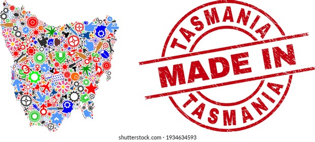 Technical mosaic Tasmania Island map and MADE IN distress rubber stamp. Tasmania Island map mosaic created with spanners, cogs, instruments, components, transports, electricity bolts, helmets.