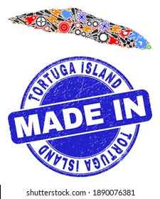 Technical mosaic Tortuga Island of Haiti map and MADE IN grunge stamp seal. Tortuga Island of Haiti map mosaic composed from spanners,wheels,instruments,,keys,airplanes,aircrafts,air planes,