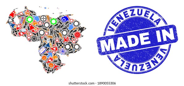 Mapa técnico de mosaico de Venezuela y sello de caucho MADE IN peligro. Composición de mapas de Venezuela formada por esparadores, alfombras, instrumentos, componentes, vehículos, huelgas eléctricas, bichos.
