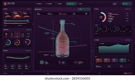 Technical multicolor data dashboard interface explaining glass container production monitor with organized panels, charts, gauges and controls in a landscape composition on a dark background.