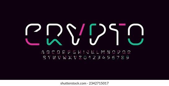 Technical multi-colored font, digital alphabet, uppercase Latin letters from A to Z and Arab numbers from 0 to 9, vector illustration 10EPS