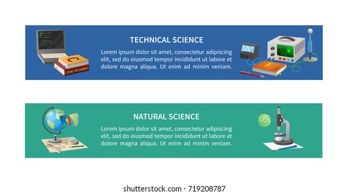Technical and natural sciences posters with coding equipment, books, globe model and microscope with cell vector illustrations