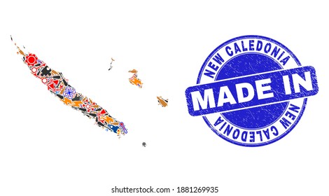 Technical New Caledonia Islands map mosaic and MADE IN textured stamp. New Caledonia Islands map abstraction composed with wrenches, gearwheels,instruments,components,cars, electric strikes,bugs.