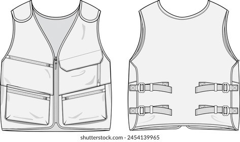 Technical Nylon Vest Vector Illustration Front Back View for Ski Equipment, Hiking, Helicopter Rescue, Tactical Use