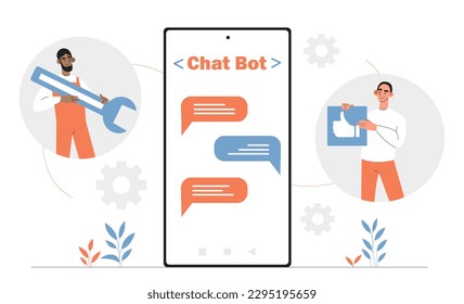 Technischer Online-Dienst. Chat-Bot-Feedback. IT-Spezialisten oder Programmierer beantworten Kundenfragen und beheben Fehler in Code und Programm. Der Betreiber berät den Kunden. Cartoon-Flavektor-Vektorgrafik