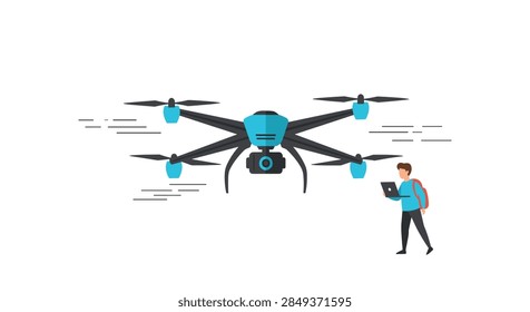 Technical operator controlling a large professional blue quadcopter drone using a laptop on a white background.