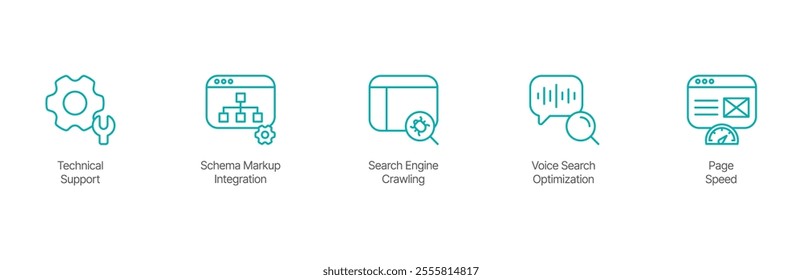 Technical Optimization Icon Set – Technical Support, Schema Markup Integration, Search Engine Crawling, Voice Search Optimization, and Page Speed Design