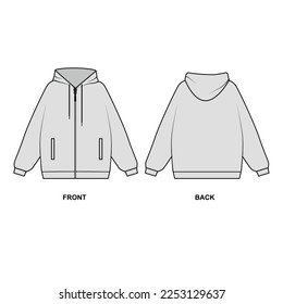 Technical outline drawing of a zip-front hoodie. Hoodie with zipper, vector template. Sketch of a sweatshirt with a hood, front view and back view.