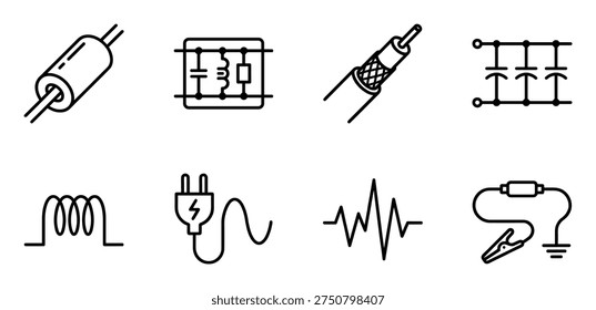 Technical outline illustrations of ferrite beads filter circuits coaxial cables capacitors and grounding tools